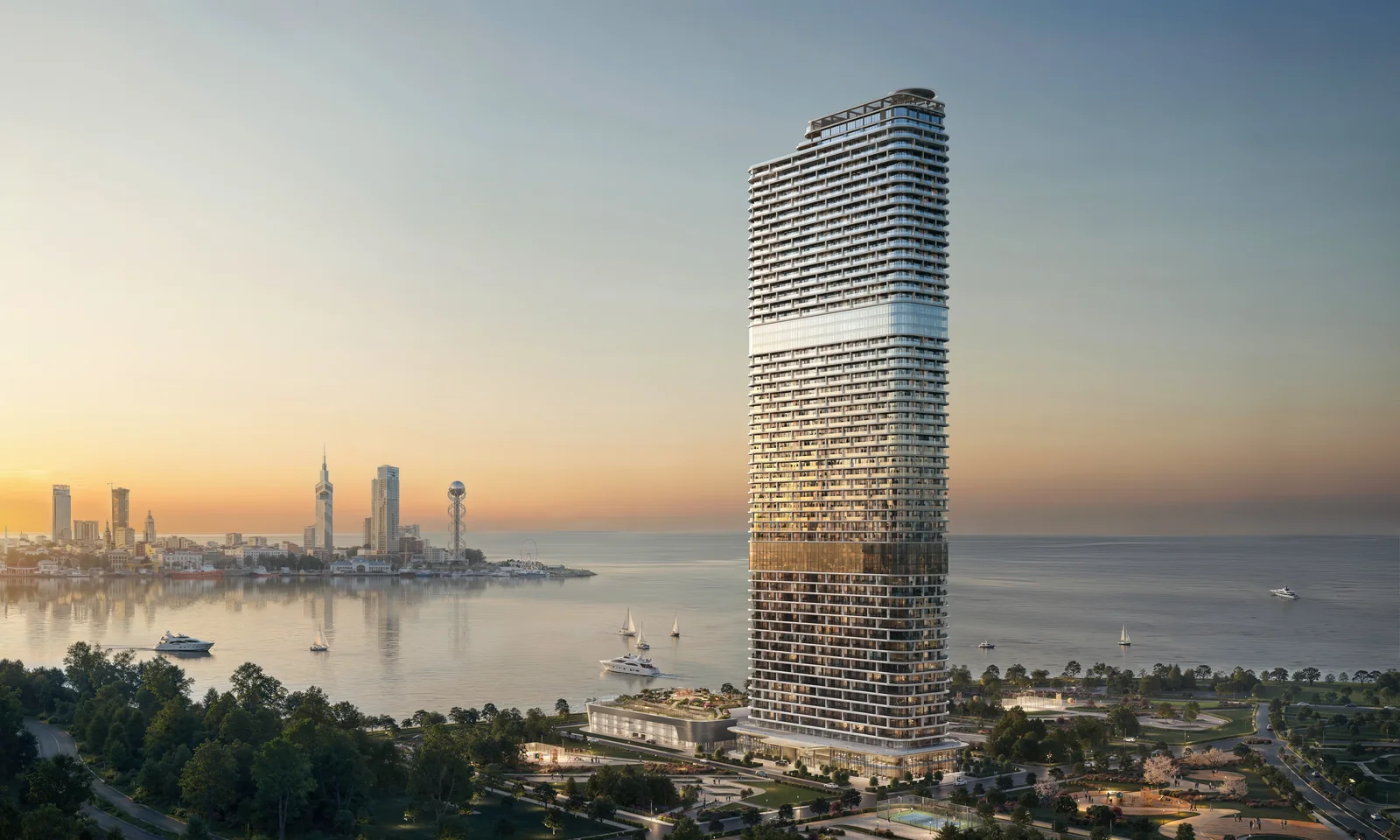 The First Tower at Ambassadori Island Batumi overlooking the waterfront at golden hour