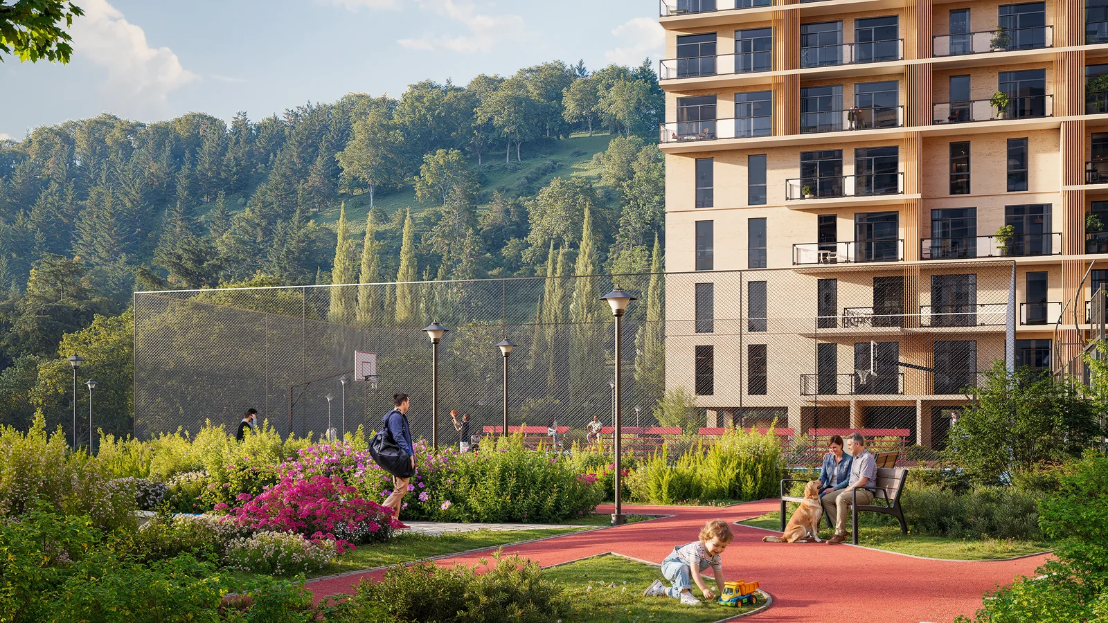 Landscaped gardens between the residences
