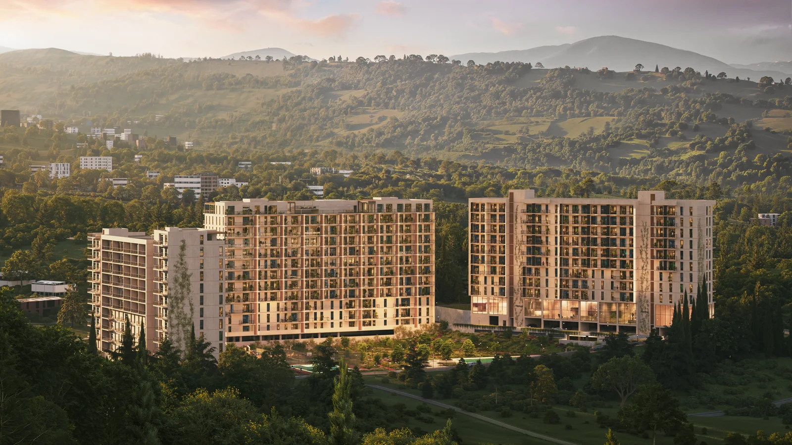 Deka Lisi residential buildings and landscaped gardens against the hills of Tbilisi