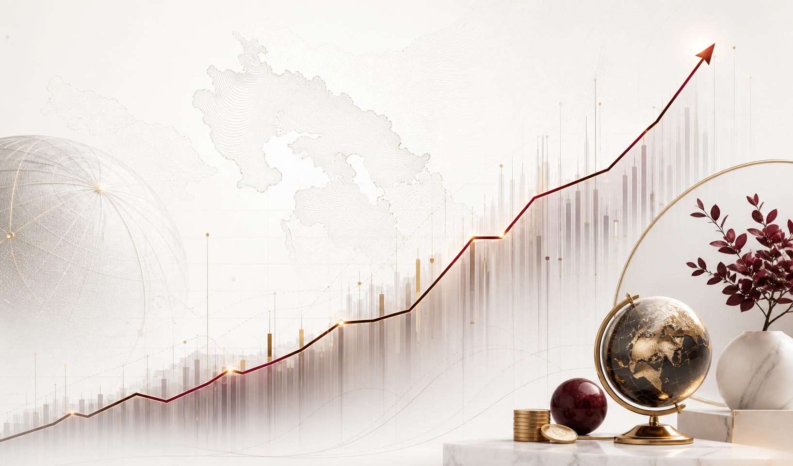 Symbolic market intelligence visual showing wealth growth and data momentum