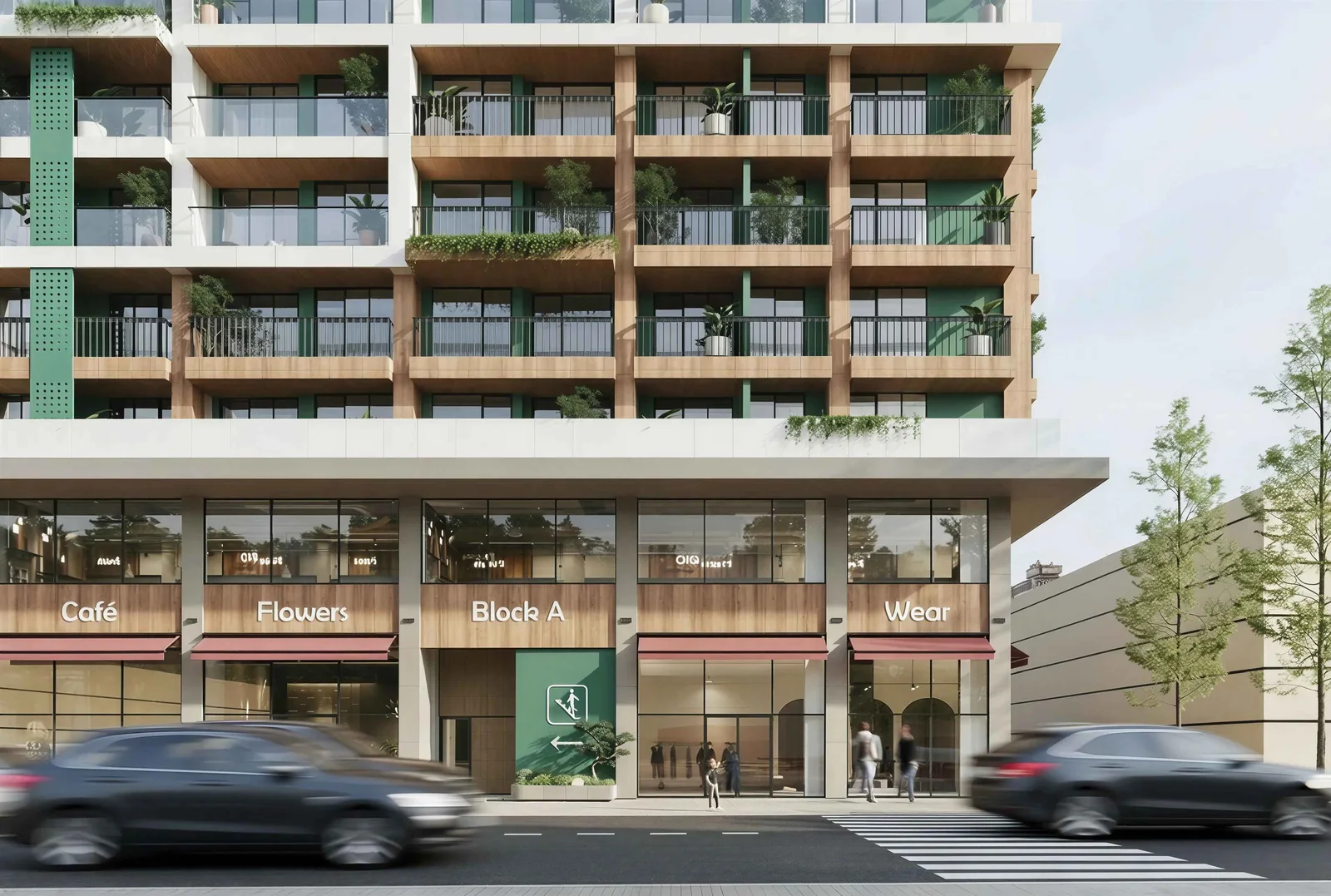 Street-level arrival and commercial frontage