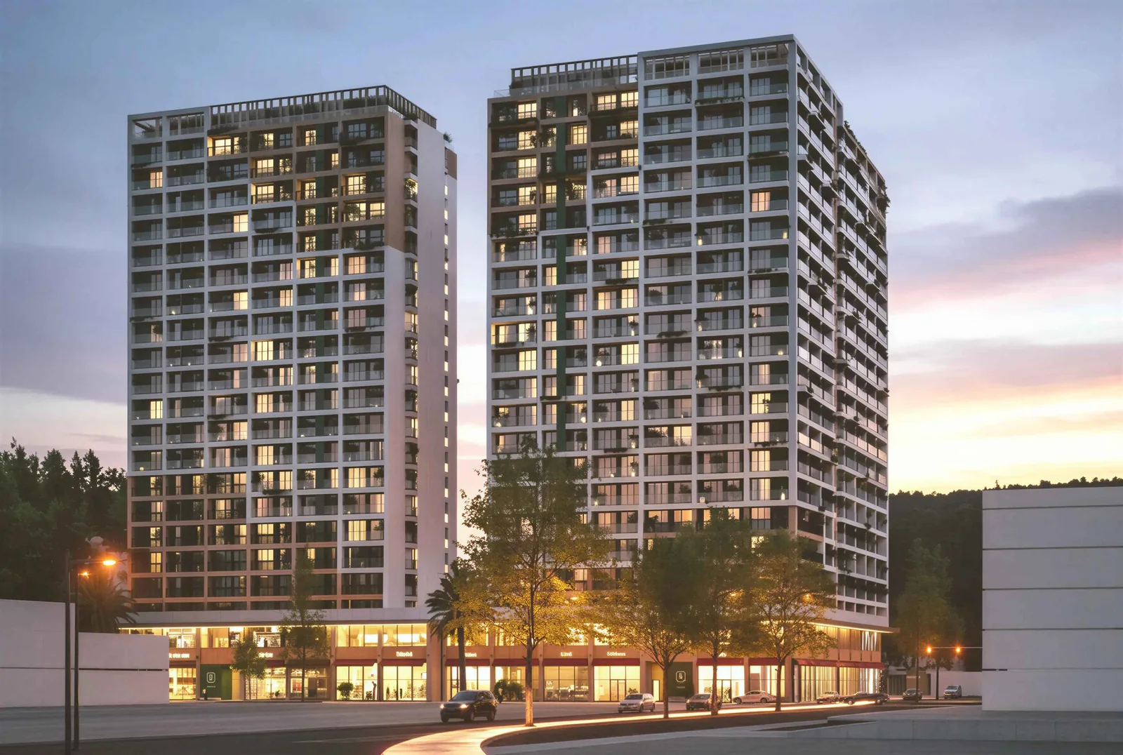 Origami Town twin towers and landscaped courtyard at dusk